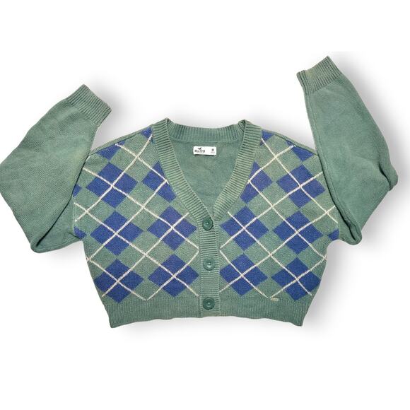 Y2k Hollister Argyle Knit Green/Blue Slight Crop Cardigan Sweater Size Medium - Picture 12 of 14